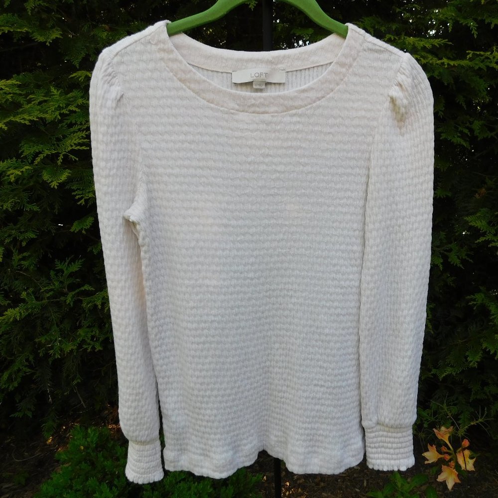 Loft Stretchy Textured-Knit Crewneck Top with Puff Sleeves